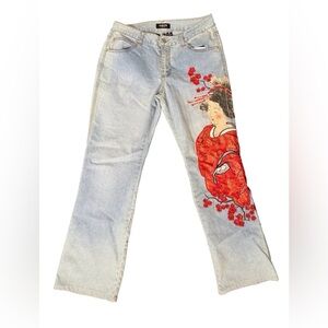 Chicos Jeans Embroidered Japanese Geisha Size 1 REG Stretch Denim 30 Inseam Asia